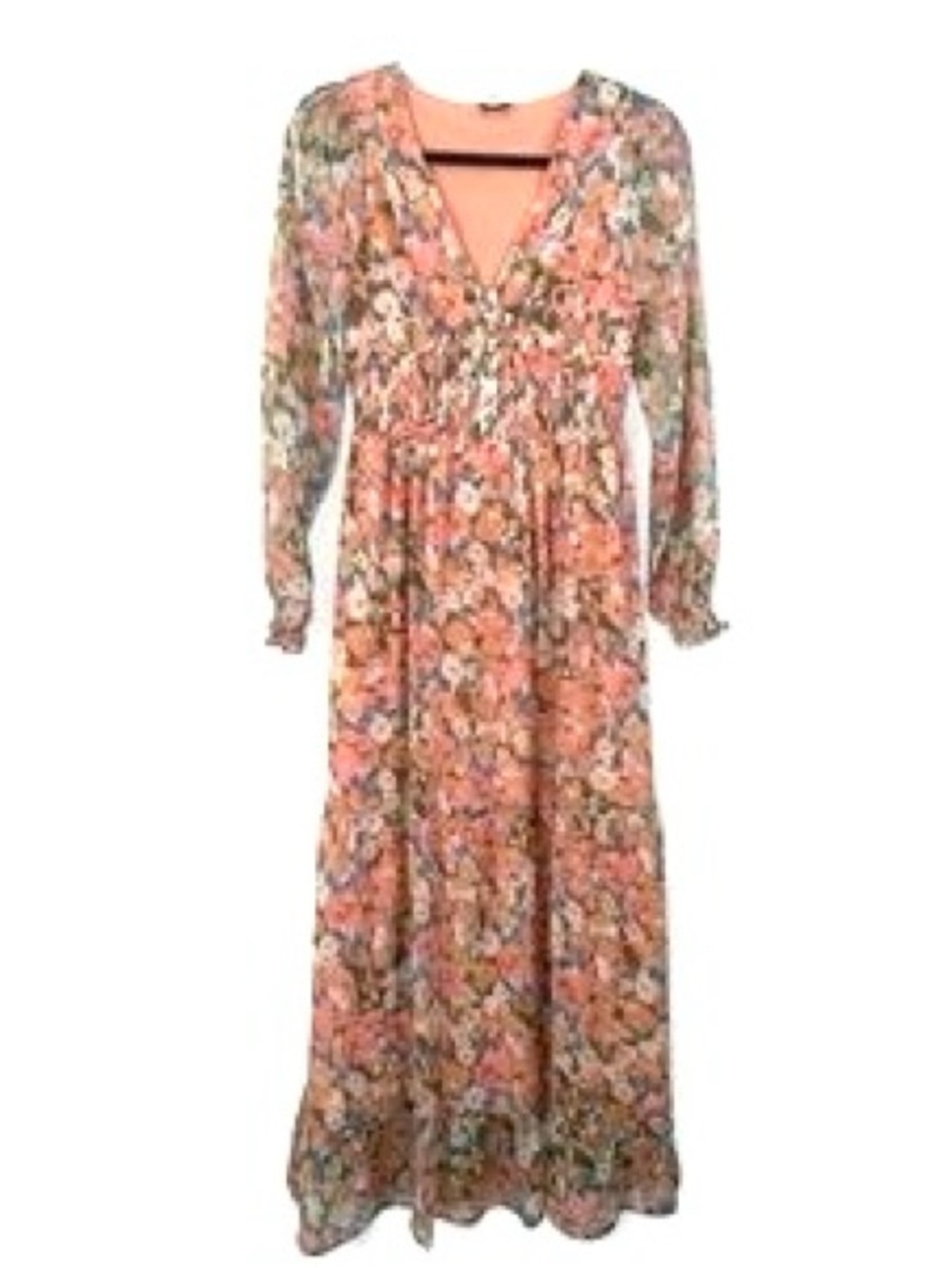 Patrons Of Peace Floral Smocked Waist Maxi Dress Sz M With Long Sheer Sleeves